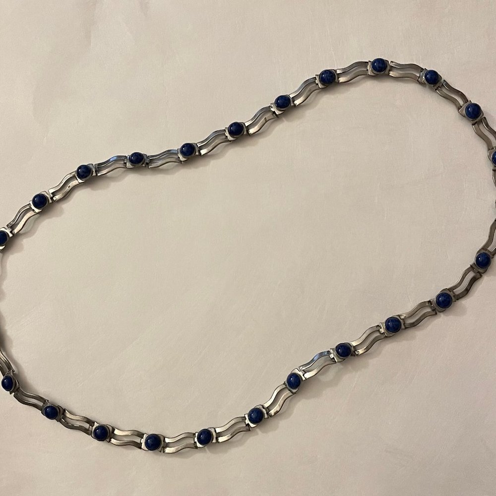 "Lapis" beads on a metal link necklace